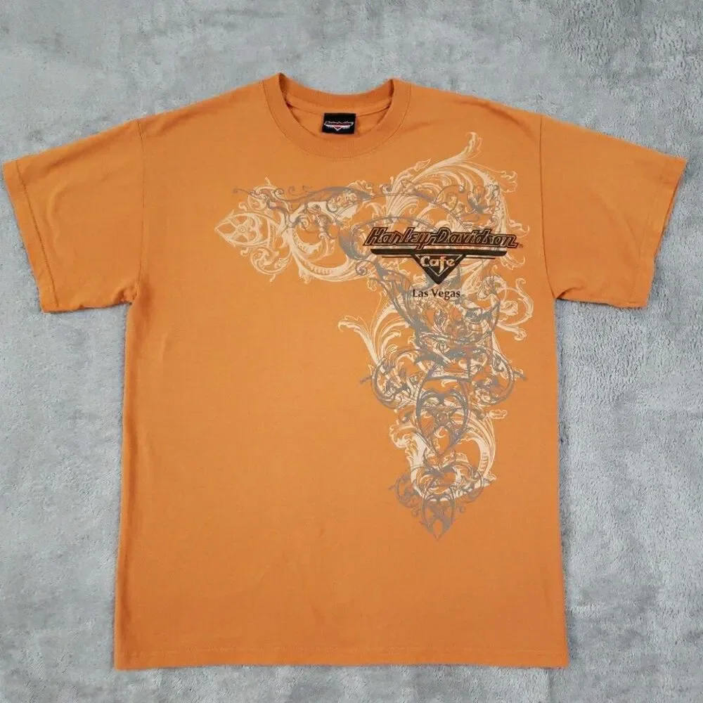 Harley Davidson T Shirt Short Sleeve Las Vegas Cafe Orange Biker Men's Sz L